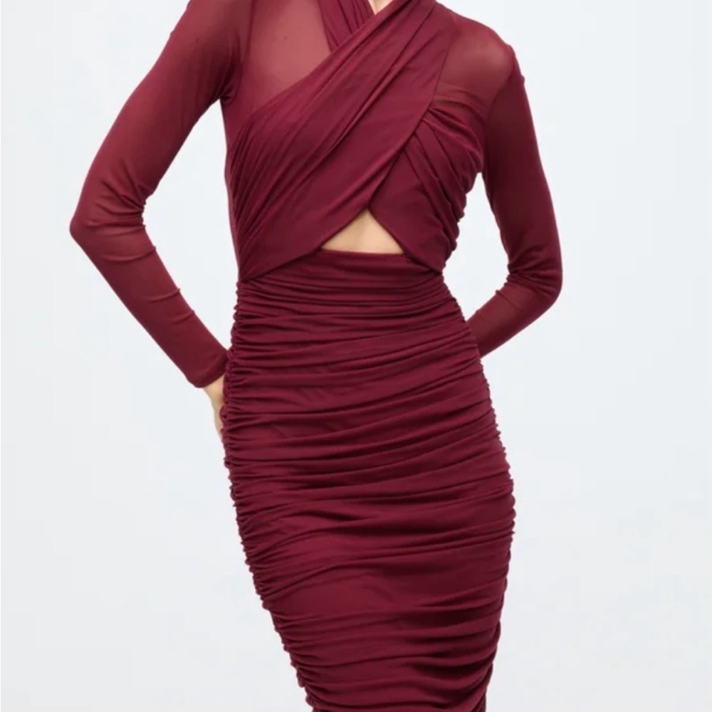 Bardot Burgundy Ruched Midi Dress